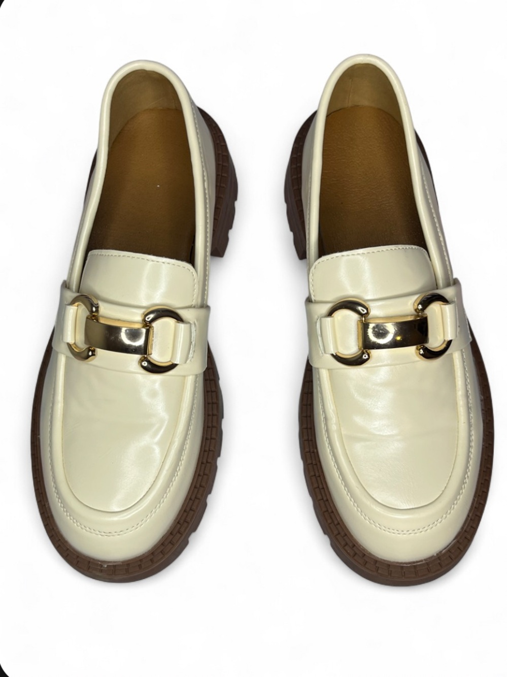 Ivory Lug Sole Platform Loafers with Gold Accessories Size 1.5 EU 36